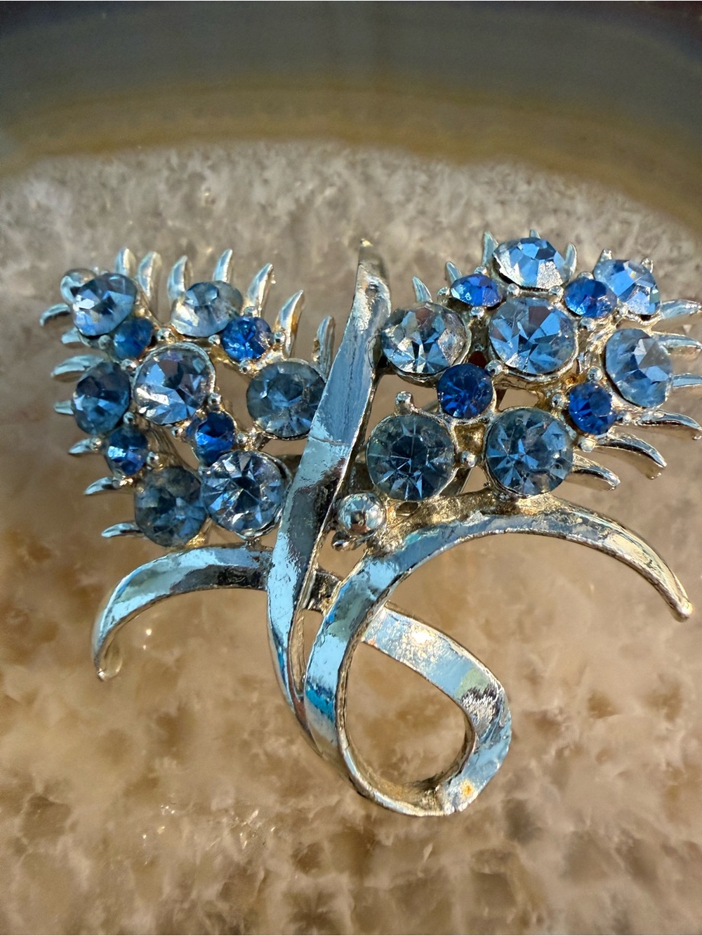 Vintage Blue glass Floral Brooch Guc 2” x 1.5”